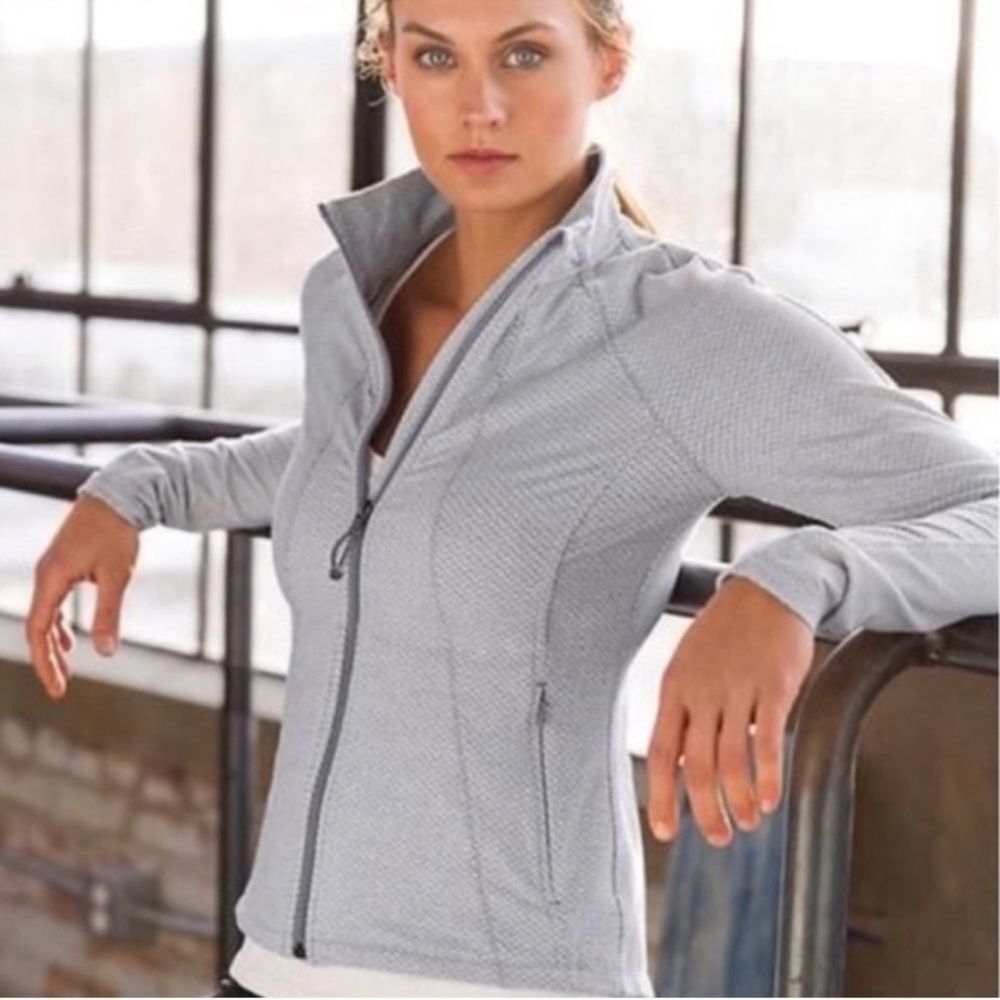 Athleta Gray White print Full Zip athletic slim fit mock neck Jacket medium